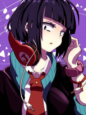 動漫女孩戴紅色耳機穿青綠色外套，紫色音樂背景