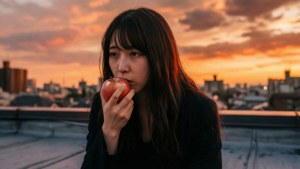 女子在日落時分的城市屋頂上吃蘋果 — 魔法少女小圓 壁紙