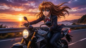 動漫女孩在日落時分騎摩托車行駛在海岸公路上，風吹動她的頭髮