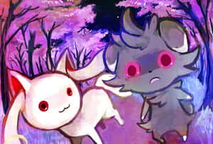 紫色暮色森林中的兩隻可愛動漫生物