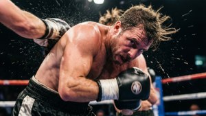 拳擊手在擂台上承受重拳，汗水飛濺