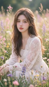 身穿白色蕾絲連衣裙的年輕女子坐在色彩繽紛的野花田中。