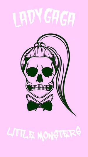 Lady Gaga 頭骨標誌，帶有馬尾和蝴蝶結，粉紅色背景。