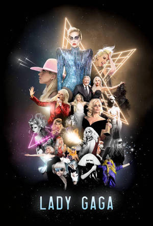 Lady Gaga 在太空中的拼貼，帶有發光的霓虹三角形和星空背景。