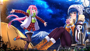 兩個動漫女孩在雪山附近的星空下露營 — 露營 壁紙