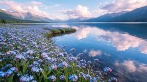 藍色勿忘我花點綴在平靜的湖邊，湖面反射山巒和雲朵
