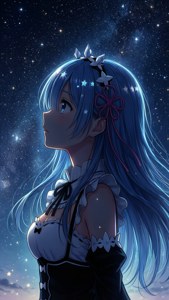 星空下，藍髮星星配飾的動漫女孩。