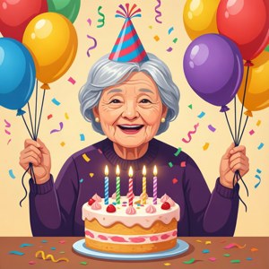 快樂的老婦人用蛋糕和氣球慶祝生日。