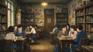穿著校服的學生在舒適的圖書館書桌上學習，有書架和罌粟海報。