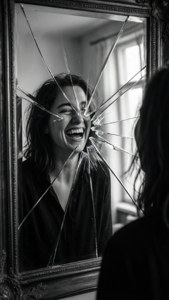 一個女人看著她在破鏡中的倒影笑著。