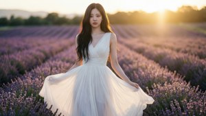 身穿白色連衣裙的女子在金色夕陽下站在薰衣草田中