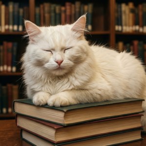 一隻白色毛茸茸的貓在圖書館的書堆上睡覺