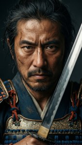 一位身穿盔甲的武士戰士，表情嚴肅地握著劍。