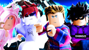 四個穿著色彩繽紛服裝的 Roblox 頭像，在發光的山景中戲劇性地擺姿勢。