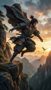 武士戰士在日落時從懸崖邊躍下，鳥兒飛過