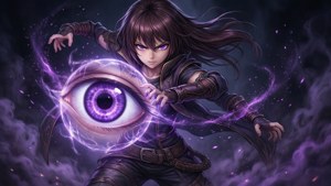 動漫戰士召喚一個被閃電和煙霧包圍的發光紫色眼睛。