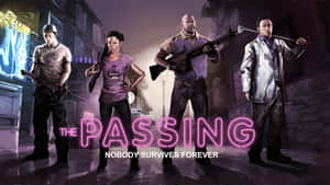 四個武裝人物喺污糟嘅霓虹燈小巷，標題係The Passing。