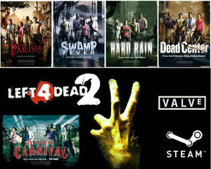 Left 4 Dead 2 遊戲海報，殭屍倖存者和發光的手在黑暗背景上。