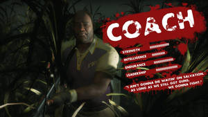 名為Coach的遊戲角色在叢林中手持步槍，附有統計數據和引文。