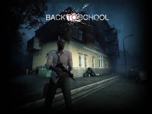 雨中城市夜景中持步槍的男人與「BACK TO SCHOOL」文字。