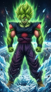 綠髮超級賽亞人戰士站在冰上，在太空中散發發光氣場
