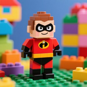 LEGO Mr. Incredible超級英雄人仔企喺綠色底板上面，周圍有彩色積木