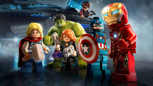 Lego Marvel 超級英雄在黑暗的未來風格機庫中英勇地擺出姿勢。 — 卡通 壁紙