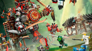 LEGO Ninjago 忍者們在叢林寺廟中與巨型機械野獸戰鬥。 — 動漫打鬥 壁紙
