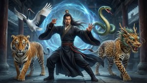 一位武術家在寺廟庭院中被四隻神話野獸環繞，引導藍色能量。