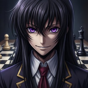 動漫角色紫色眼睛黑髮穿校服在棋盤上