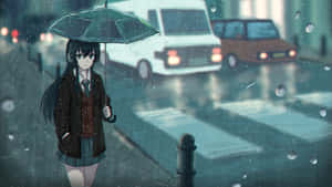 穿著校服的動漫女孩在雨中的城市街道上撐著綠色雨傘。