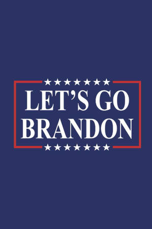 政治口號 LET'S GO BRANDON 以白色文字、紅色邊框和星星顯示在藍色背景上。