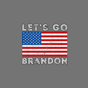 破舊的美國國旗，帶有文字 LET'S GO BRANDON，背景為灰色。