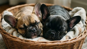 兩隻法國鬥牛犬在柳條籃中與毛毯一起睡覺。