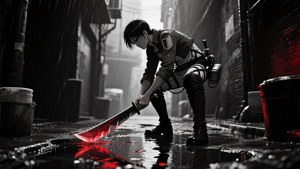 一名士兵在雨巷中握著一把發光的紅色劍，水坑反射著光線。