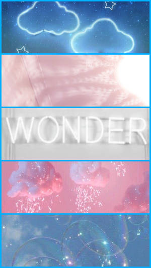 霓虹雲朵、星星、泡泡和粉彩色的 wonder 單詞。