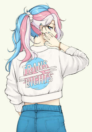 藍粉雙色頭髮的動漫角色穿著跨性別權利運動衫。 — 動漫女同性戀 壁紙
