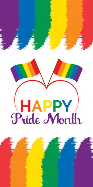 彩虹筆觸框住形成心形的驕傲旗幟，帶有「Happy Pride Month」文字。