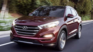 栗色現代 Tucson SUV 在綠樹成蔭的道路上行駛。 — 現代汽車 壁紙