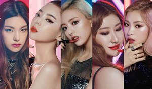 五位K-pop偶像，妝容大膽，髮色繽紛，在攝影棚內擺姿勢 — 美學拼貼 壁紙