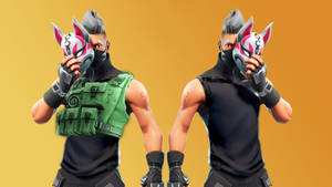 兩個《Fortnite》角色在橙色背景前舉起狐狸面具