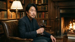 一個穿著深色西裝的男人在一個有壁爐和書架的舒適圖書館裡拿著一杯紅酒。