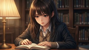 年輕女性在圖書館的燈下看書