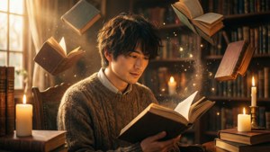 年輕人在燭光照亮的圖書館中閱讀，周圍漂浮著書本。