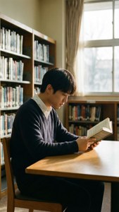 年輕男子在寧靜的圖書館中，坐在木桌上閱讀一本書，陽光從窗戶射入。