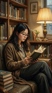戴眼鏡的年輕女士在舒適的書房裡看書，書房裡有書架和一盞燈。