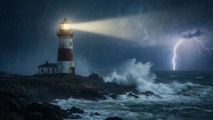 燈塔在暴風雨中閃耀，伴隨閃電和拍岸浪花