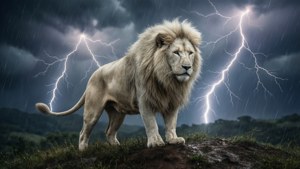 白獅站在草丘上，雷暴中閃電