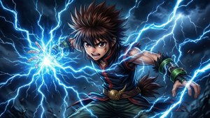 動漫戰士在暴風雨的天空中釋放藍色閃電能量