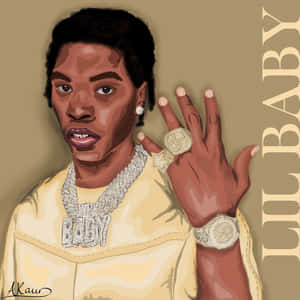 Lil Baby 穿著黃色連帽衫和鑽石珠寶的風格化插圖。